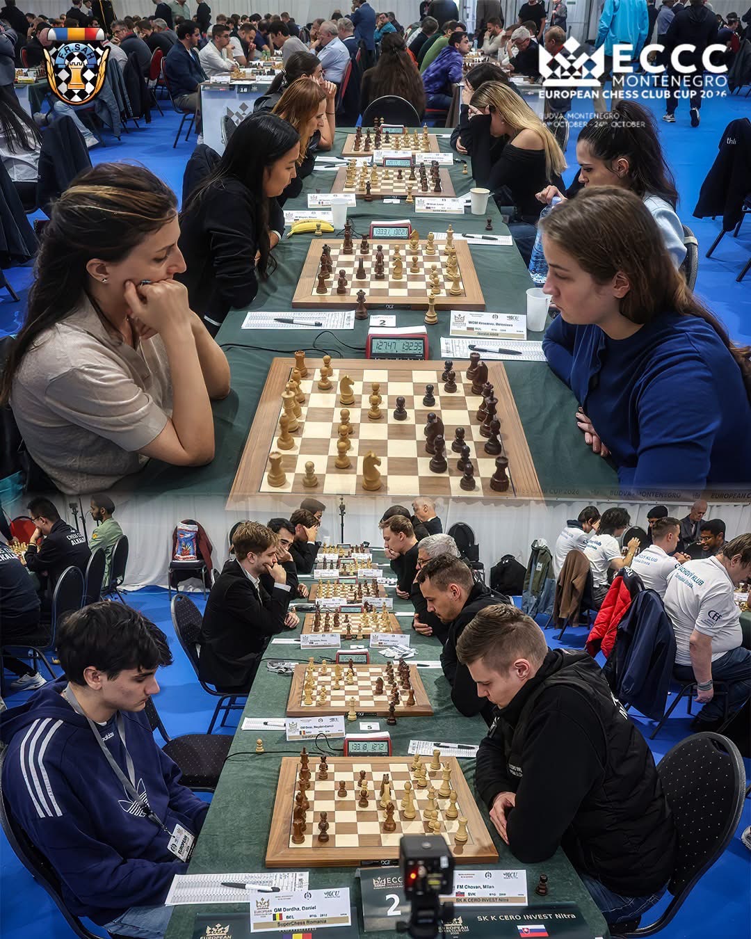SuperChess Budva — feminin (sus) și masculin vs Nitra (jos). Foto: FRȘah